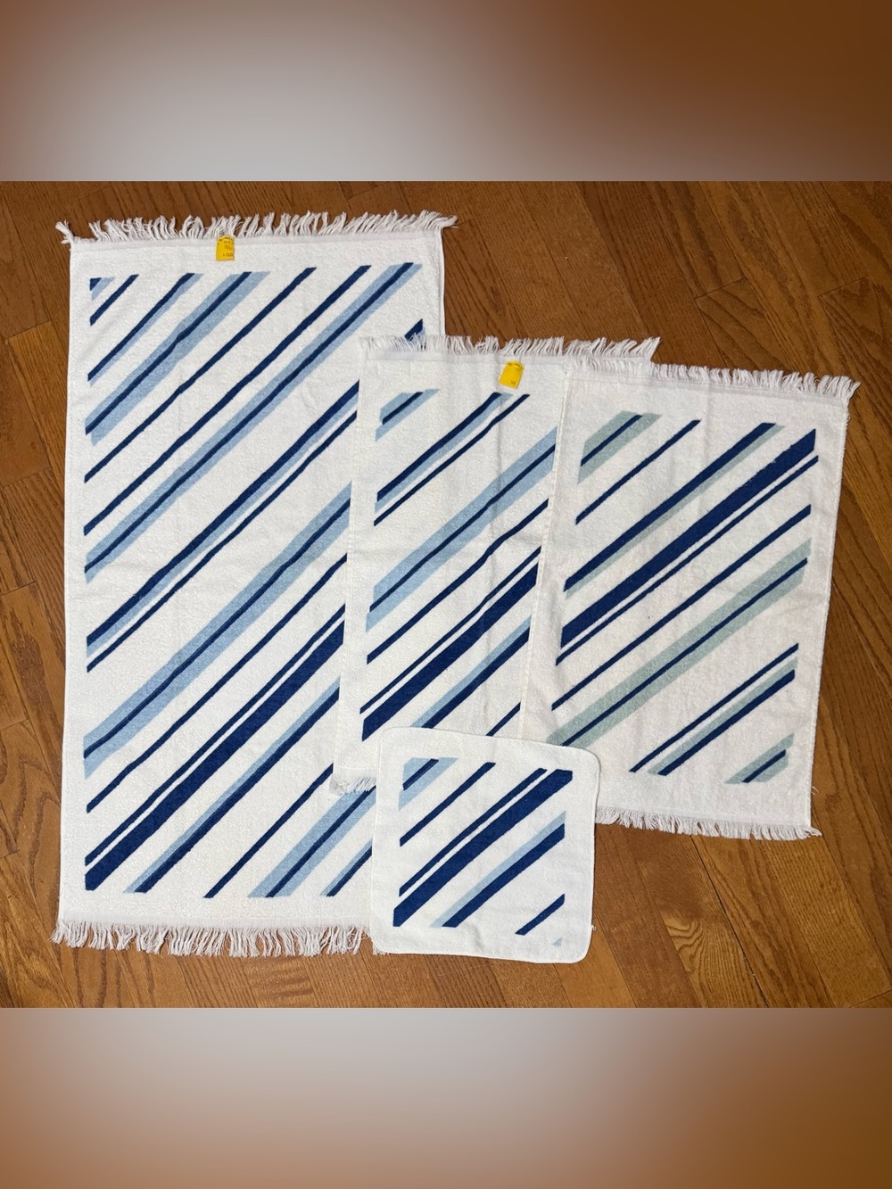 70s Vintage MCM Cannon 4pc Bath Towel Set Blue Diagonal Stripe fringe USA
